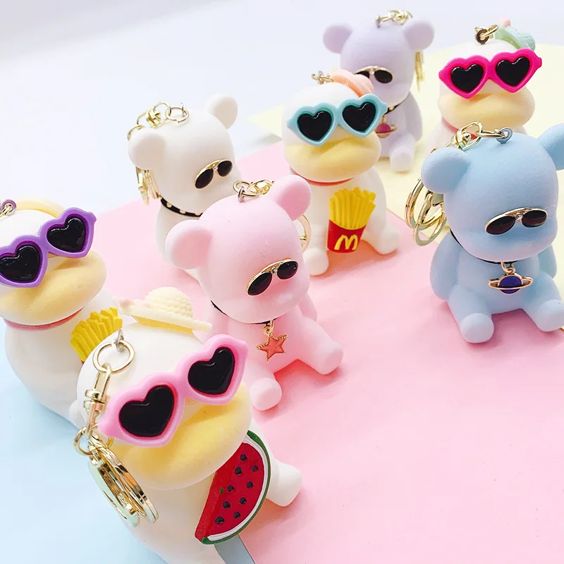 

2020 New Style Wear Sunglasses Bear Key Chain Exquisite Flocking Bear Keychain Flocking Duck Doll Keychain Gift Remarks Gift Box