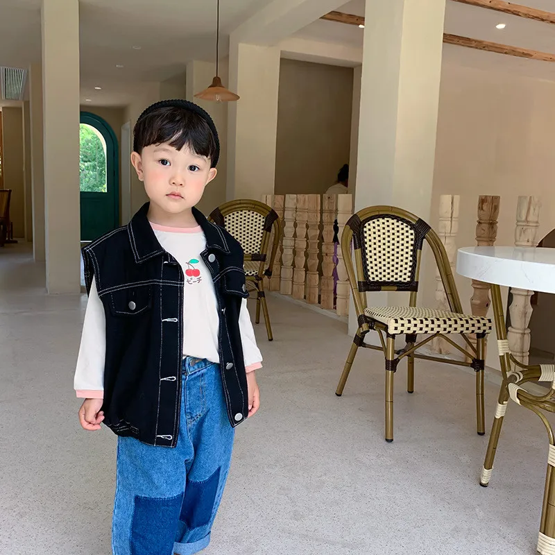 Детский джинсовый жилет однобортный с воротником лацканами в Корейском стиле
