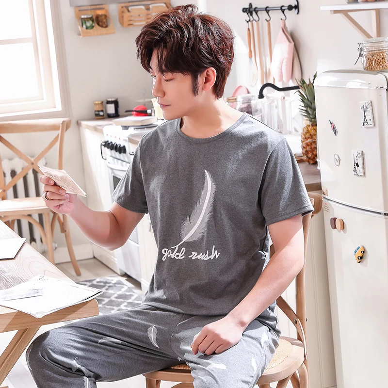 Мужская Хлопковая пижама с короткими рукавами Повседневная Пижама в полоску