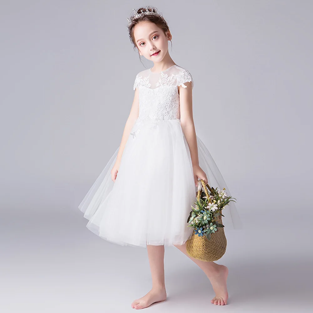 Платья для первого причастия белое Цветочное платье девочек чайное кружевное с