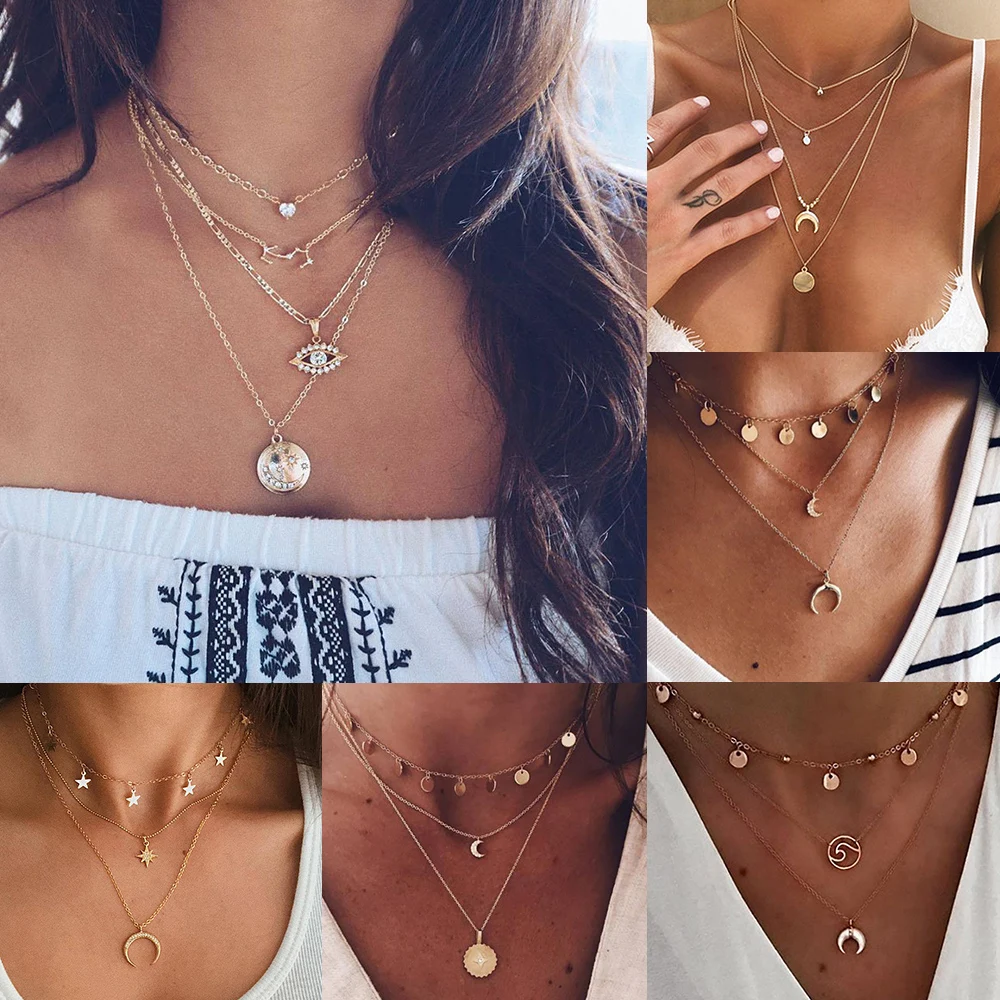 VKME винтажное многослойное ожерелье с подвеской для женщин в богемном стиле 2019