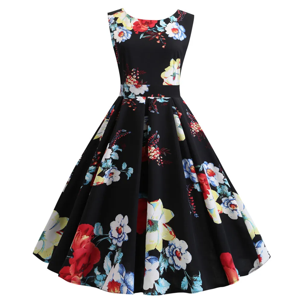 

2019eaby Hot Selling Casual Summer O Neck Crew Neck Sleeveless Printed Elegant Expandable Dress