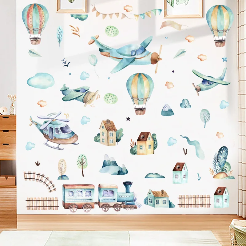 

Vacclo 2pcs Cartoon Hot Air Balloon Train Wall Stickers Children's Room Wall Decoration Self-adhesive Waterproof PVC Stickers