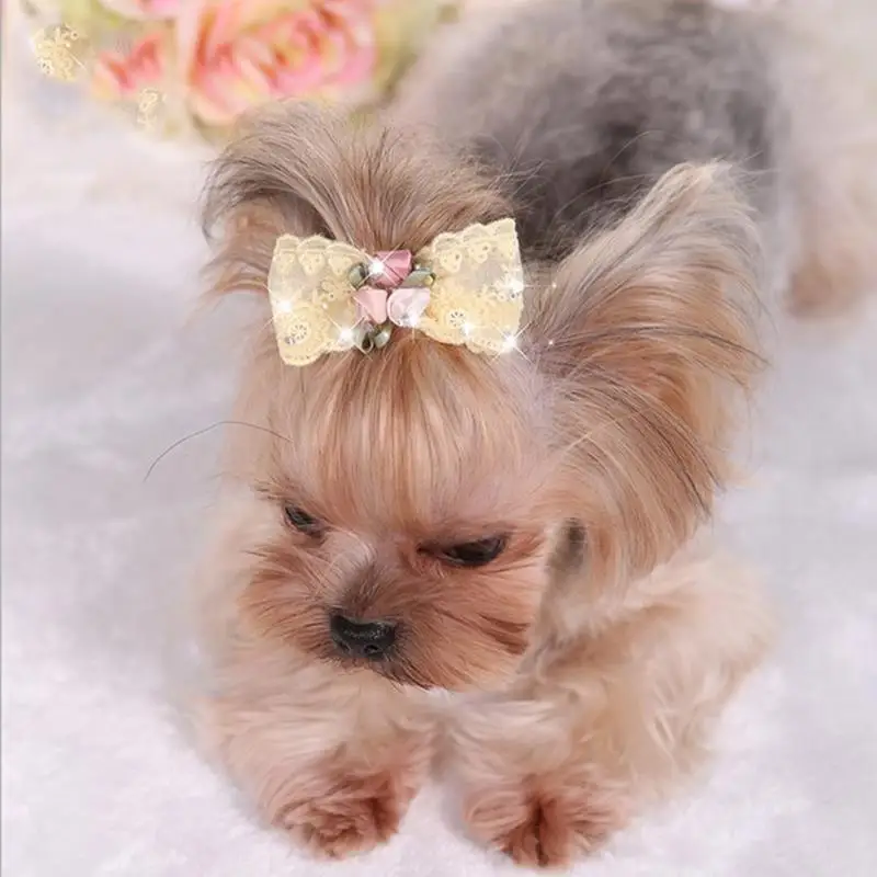 

Fashion Cute Dogs Hair Bows Decor Creative Puppy Kitten Rhinestone Embroidery Lace Hair Bow Clip Dog Hair Decor Dogs Accessories