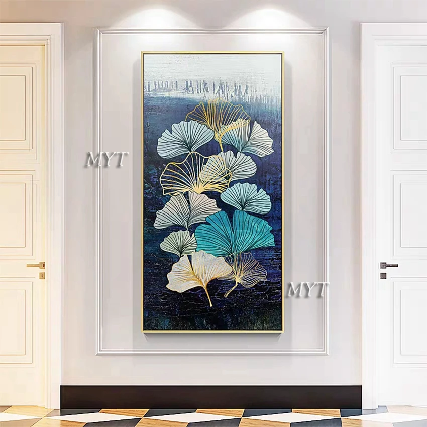 Textured Gold Lines Abstract Ginkgo Flower Canvas Oil Painting Modern New Arrival Hand-painted Wall Art Decor For Living Room | Дом и сад