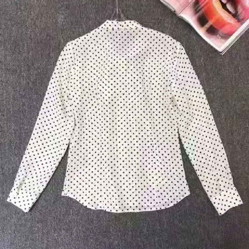 

100%Silk Shirts 2021 Spring Summer High Quality Casual Blouses Women Bow Collar Polka Dot Print Long Sleeve Vintage Blouses XL