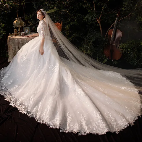 Wedding Dress 2022 New Vestido De Noiva Classic High Neck Half Sleeve With Train Ball Gown Plus Size Bridal Gown Robe De Mariee