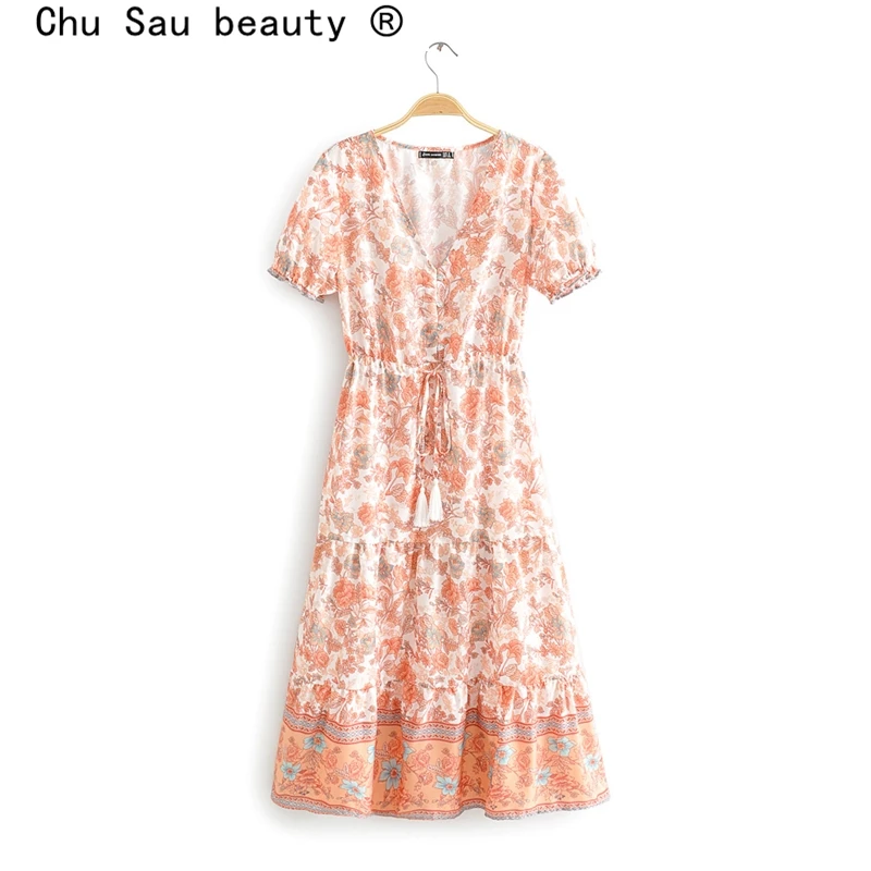 Женское винтажное платье с V образным вырезом коротким рукавом|Женские платья| |