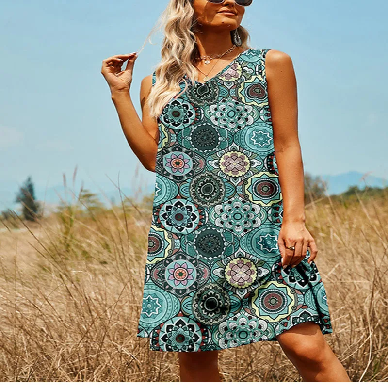 

Sexy V-neck Summer Dress 2021 Women's Fashion Casual Print Sleeveless Sweet Beach Party Dresses For Women Robe Femme