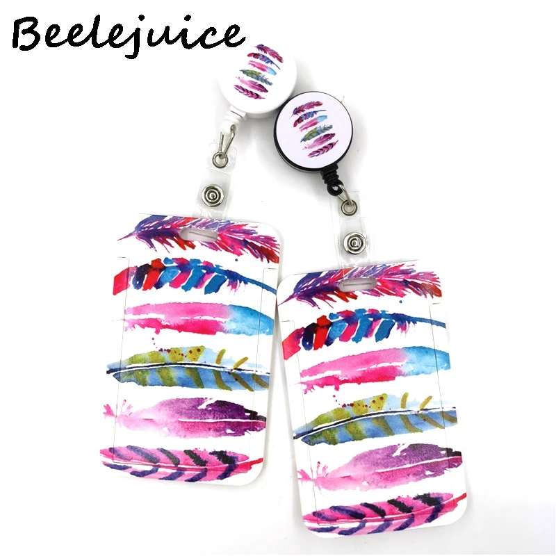 

Colorful Feathers Leaves Card Holder Women Men Business Lanyard Badge Card Case Women Card Cover Lanyard ID Name Card Holder Bag