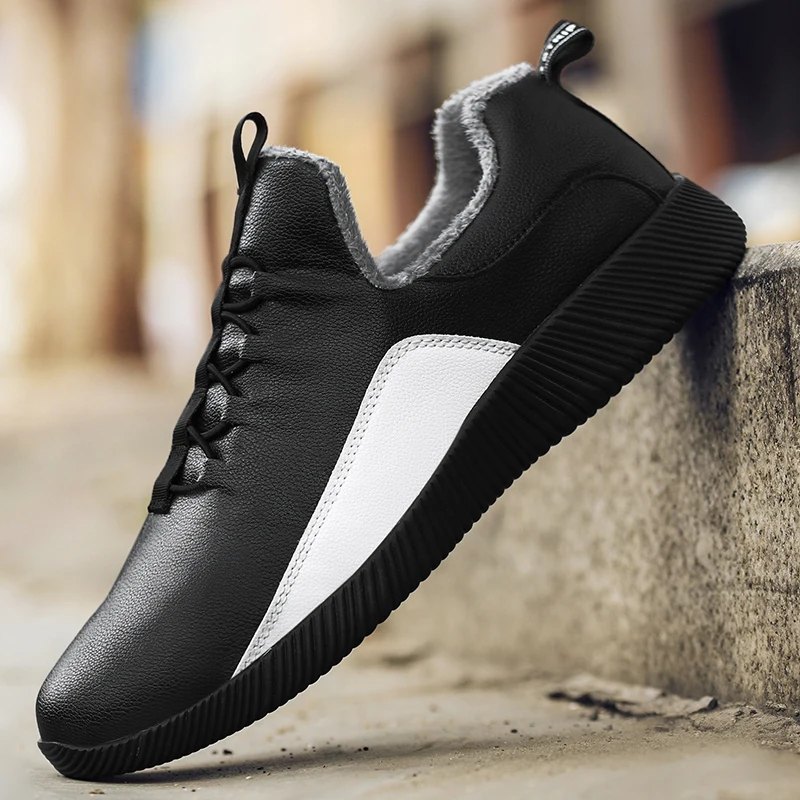 

PU Leather Men Loafers Winter Plush Business Dress Shoes Outdoor Walking Sneakers Elasticity Slip On Mans Office Footwear Flat