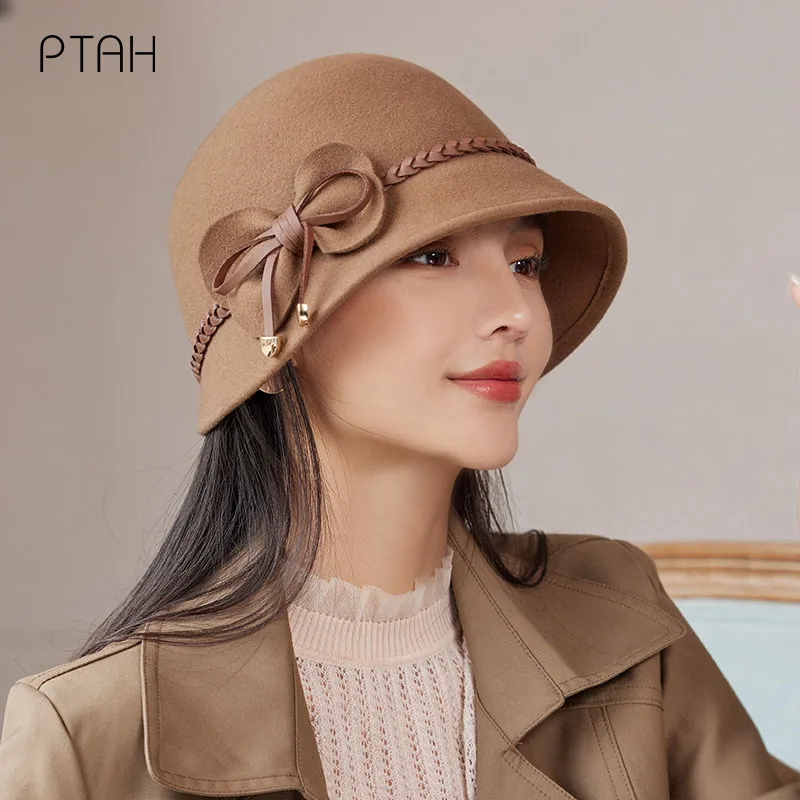 

[PTAH] Autumn Winter Fedoras Women Hat Elegant Vintage Bow Knit 100% Wool Ladies Hat Dome Felt Wedding Church Jazz Cap Bowler