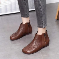 womens brown short flat boots new retro square head grandma shoes leather autumn winter cotton shoes plus cashmere mother shoes