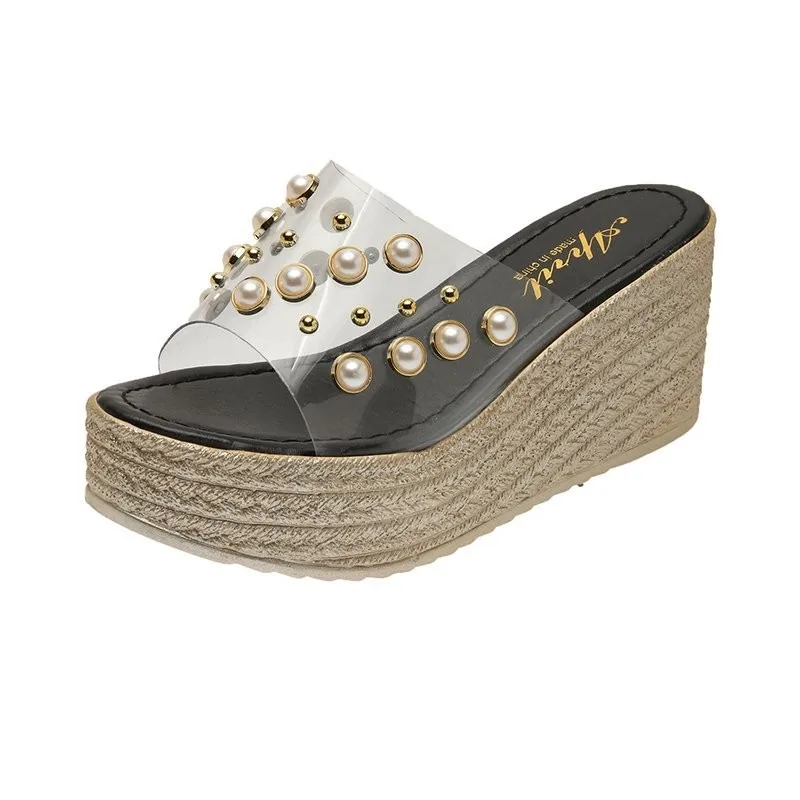 Summer New Women's Wedges Slippers Fashion Pvc Transparent Pearl Rivets Ladies Shoes Beach Thick Bottom Peep Toe Women Slippers