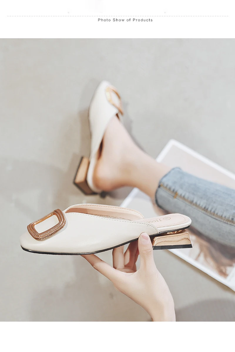 

Designer Women Pumps Slippers Slip on Mules Low Heel Casual Shoes British Wooden Block Heels Summer Pumps Footwear