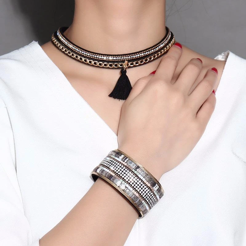 Винтажные женские браслеты из искусственной кожи с камнями широкий массивный