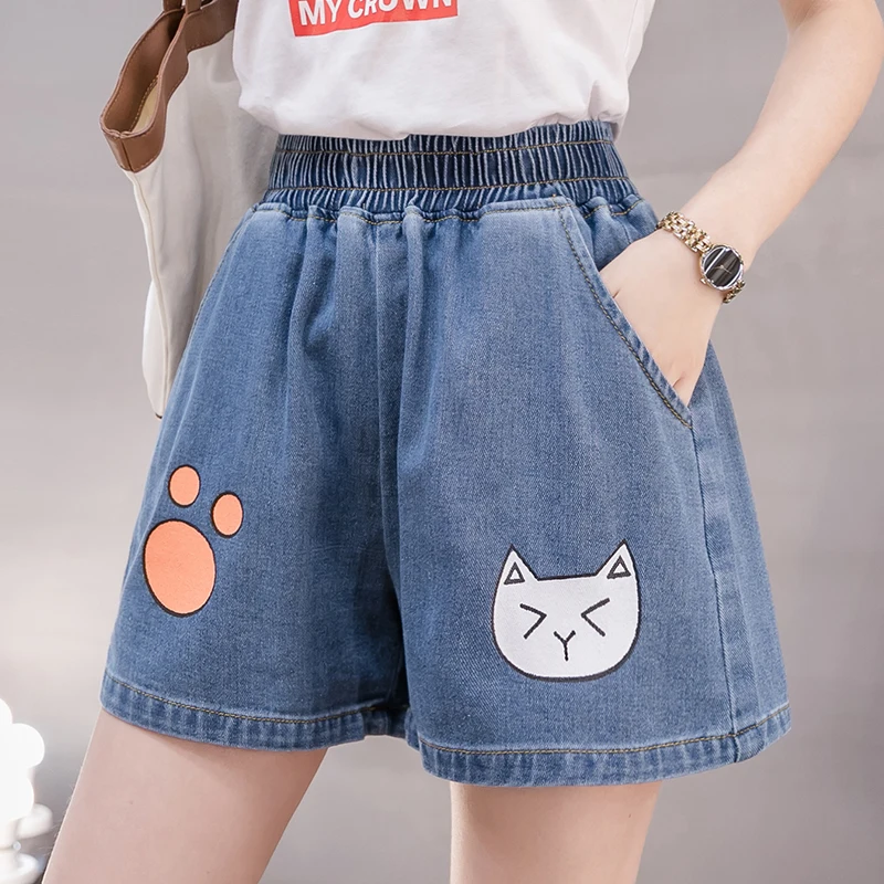 

Shorts Women Denim Summer Vintage Washed Wide-leg Elastic Waist Large Size S-5XL Loose Hot High-waisted Womens Pockets Ulzzang