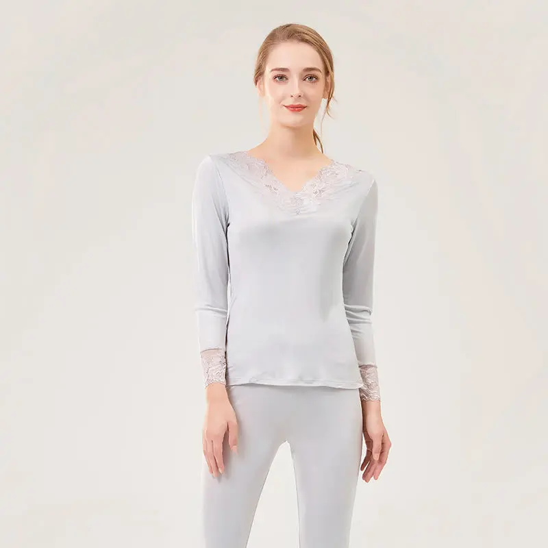 Women Autumn Winter Silk Long Johns Lace V neck Solid Knitted Thermal Underwear 2019