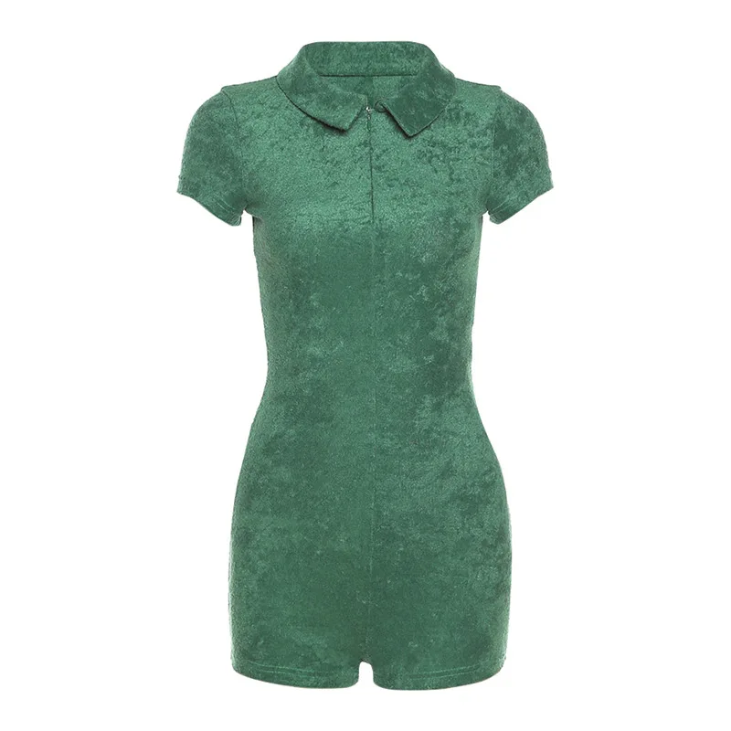 

Sibybo Velvet Short Sleeve Playsuit Women Summer Turn-down Collar Zipper SexyBodycon Rompers Femme Streetwear Fitness Jumpsuits