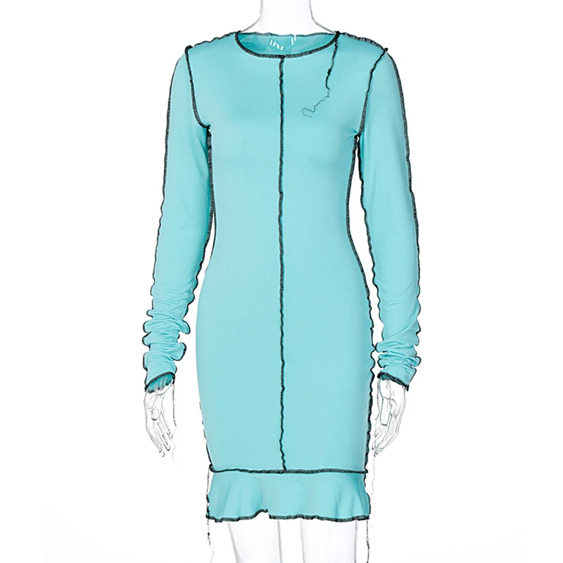 

2021 Knitted Long Sleeve Ruffles Patchwork Sexy Mini Dress Autumn Winter Women Fashion Streetwear Party Outfits