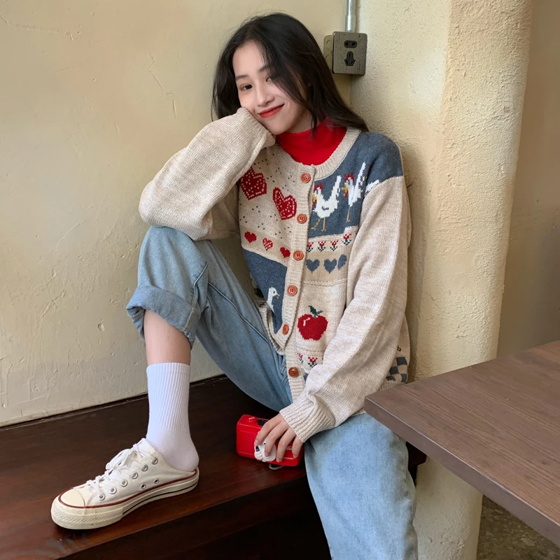 

Vintage Casual Loose Love Cardigan Sweater Women's Sweaters Japanese Kawaii Ulzzang Female Korean Harajuku Clothing For Women