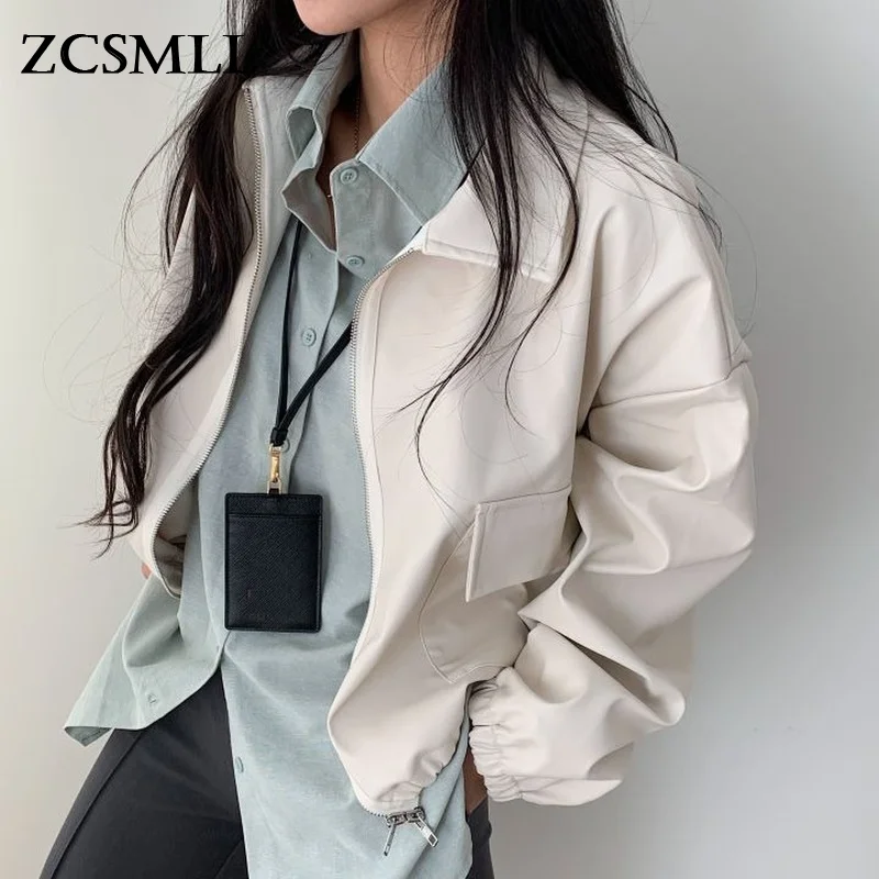 

ZCSMLL осенние укороченные куртки из искусственной кожи для женщин 2021, бежевая куртка-бомбер на молнии, зеленое, черное пальто, мотоциклетная к...