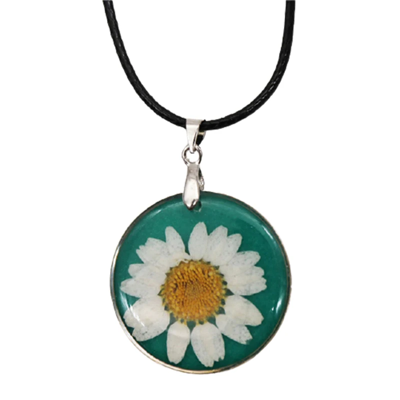 

New Handmade Bohemian resin dry flower Daisy Necklace transparent ball black leather chain round 45cm long, 1 piece