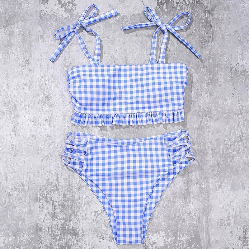

Sexy Woman 2021 New Blue Grid Strap Bikini Sexy High Waist Swimsuit
