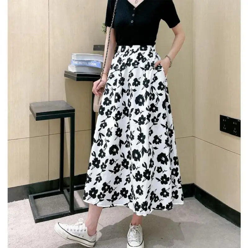 

Summer Floral Skirt 2021New Elastic High Waist Slim Big Swing Skirt Casual Plus Size Loose Women A-line Long Skirt Free Shipping