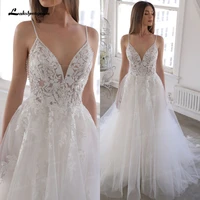 stunning spaghetti straps boho wedding dress v neck vestido de noiva praiano lace beads white beach bridal gown 2022 custom made