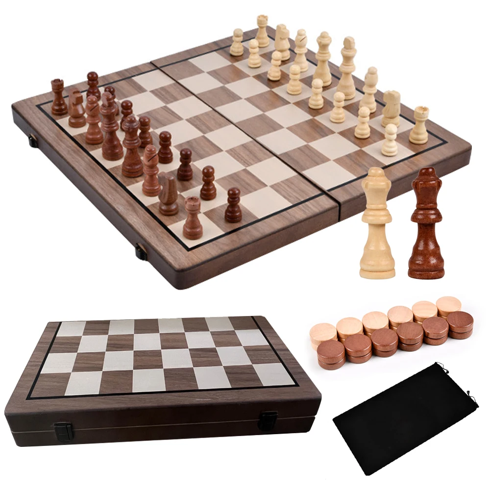 Ajedrez de madera 2 en 1, tablero plegable de esquina redonda, ajedrez magnético, Titanes, juego de rompecabezas competitivo, juego de juguete de 15 pulgadas