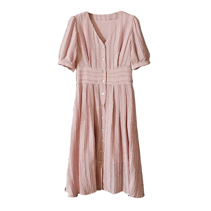 

2021 summer new female light mature sweet wind pink medium-length super fairy bubble sleeve V-neck dresses