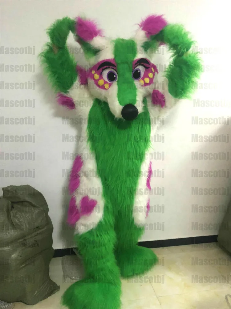 Новый длинный меховой зеленый хаски собака лиса Fursuit пушистый маскарадный костюм