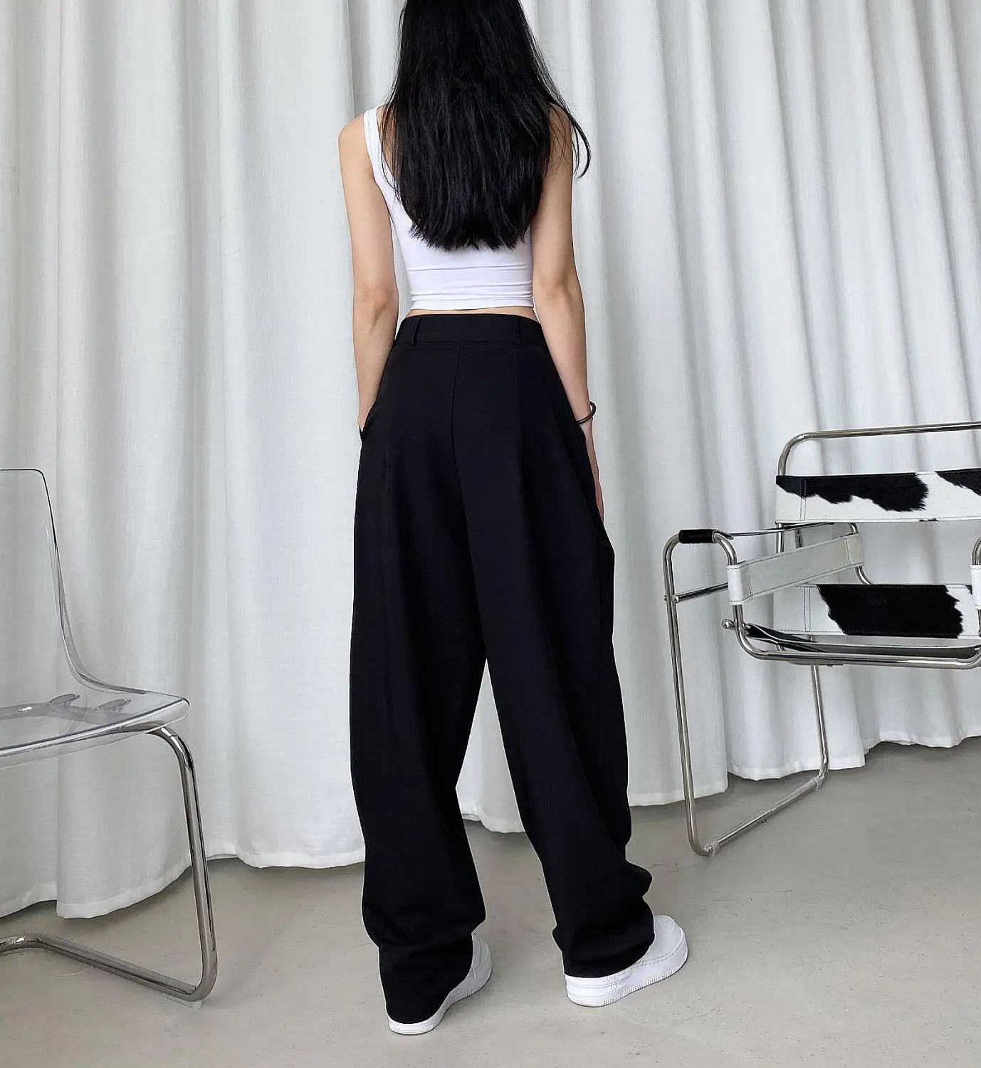 

Women Summer Large Size Casual Solid Wide Leg Trousers Full-Length Loose Suit Pants High Waist Loose Wide Leg Pants