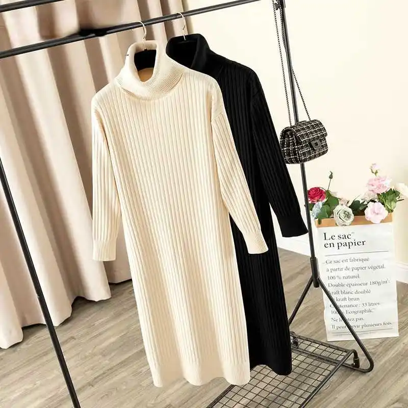 Зимнее длинное вязаное женское платье свитер макси с высоким воротником осенние