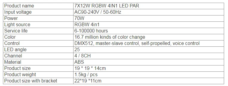 Brasil armazém no exterior 7x12 w RGBW quatro em um par de luz de tingimento da lâmpada de casamento bar luzes do palco