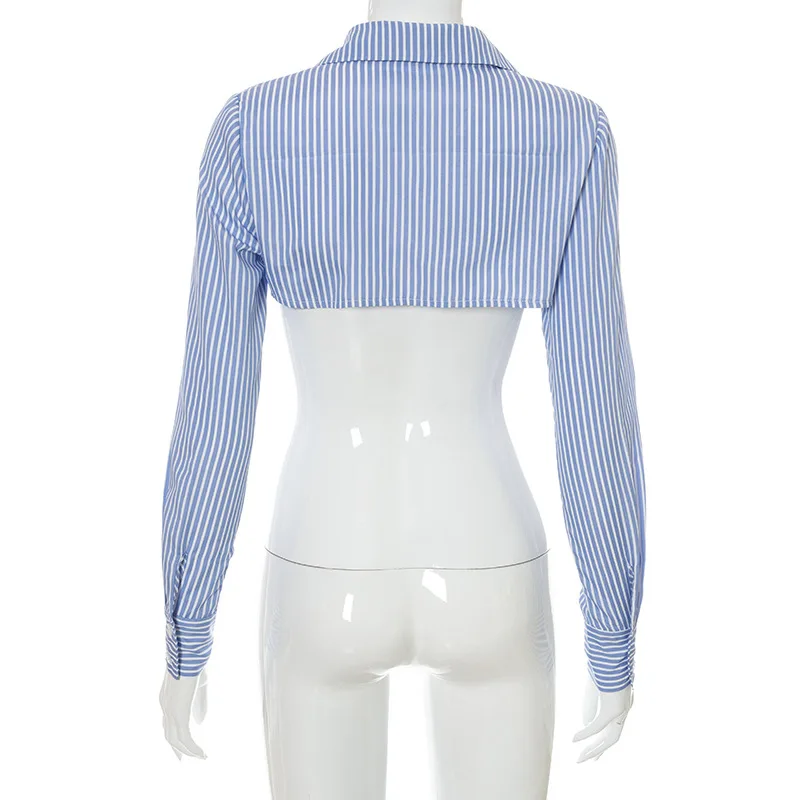 

Fashion Striped Long Sleeve Shirts Crop for Sexy Club Party Streewear Women Cropped Blue Shorts Tops Dark Academia Femme Outfits