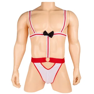 Мужской костюм для косплея, гей-боди с галстуком-бабочкой, бантиком и ремнями