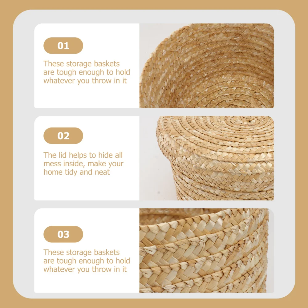 

2Pcs Straw Weaving Storage Baskets with Lids Multifunctional Storage Boxes Khaki