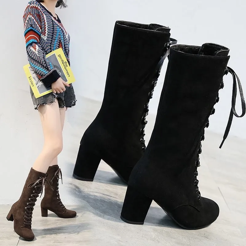 

2021 New Winter Women's Boots Fashion Lace-up Square Heel Mid-tube Suede Boots Round Toe High-heel Mid-tube Boots