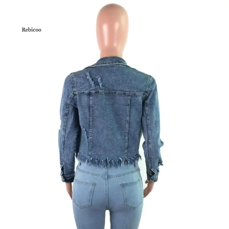 

Women's Casual Women's Denim Coat Ripped Full-Sleeved Jacket Autumn and Winter Short Tassel Jacket Denim Jacket Women