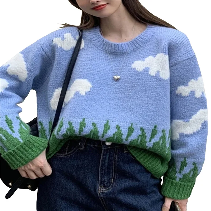 Женские повседневные свободные свитера с круглым вырезом вязаные пуловеры