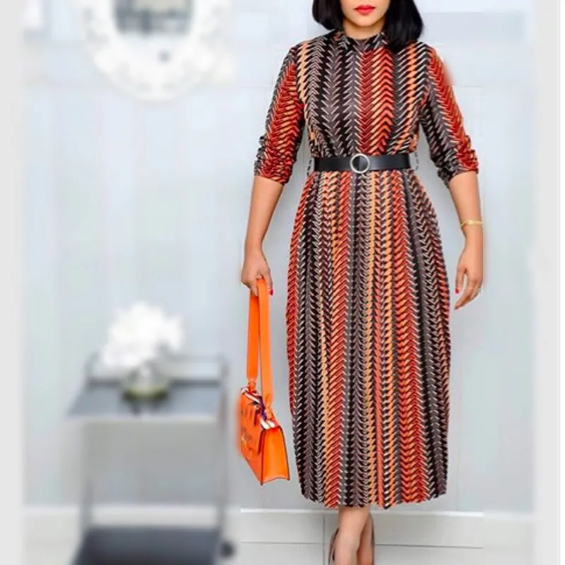 Шифоновое женское Повседневное платье в полоску с высоким воротом элегантное