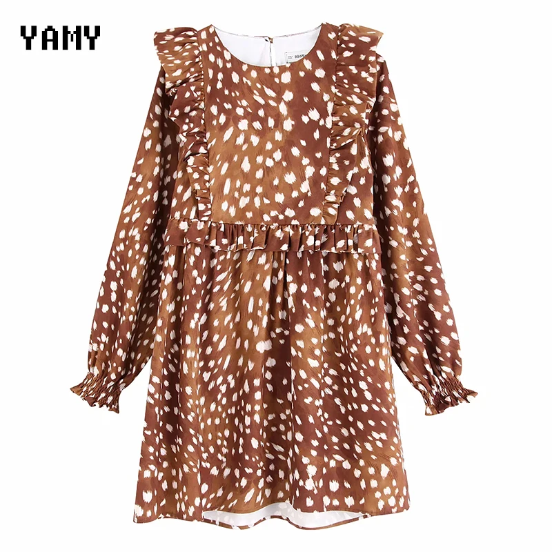 Женское винтажное платье с леопардовым принтом мини длинными рукавами и
