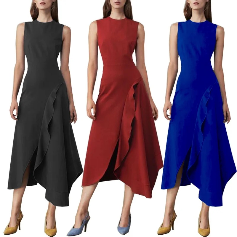

Summer 2021 Solid Color Round Neck High-end European and American Dress A-line Skirt Medium Length