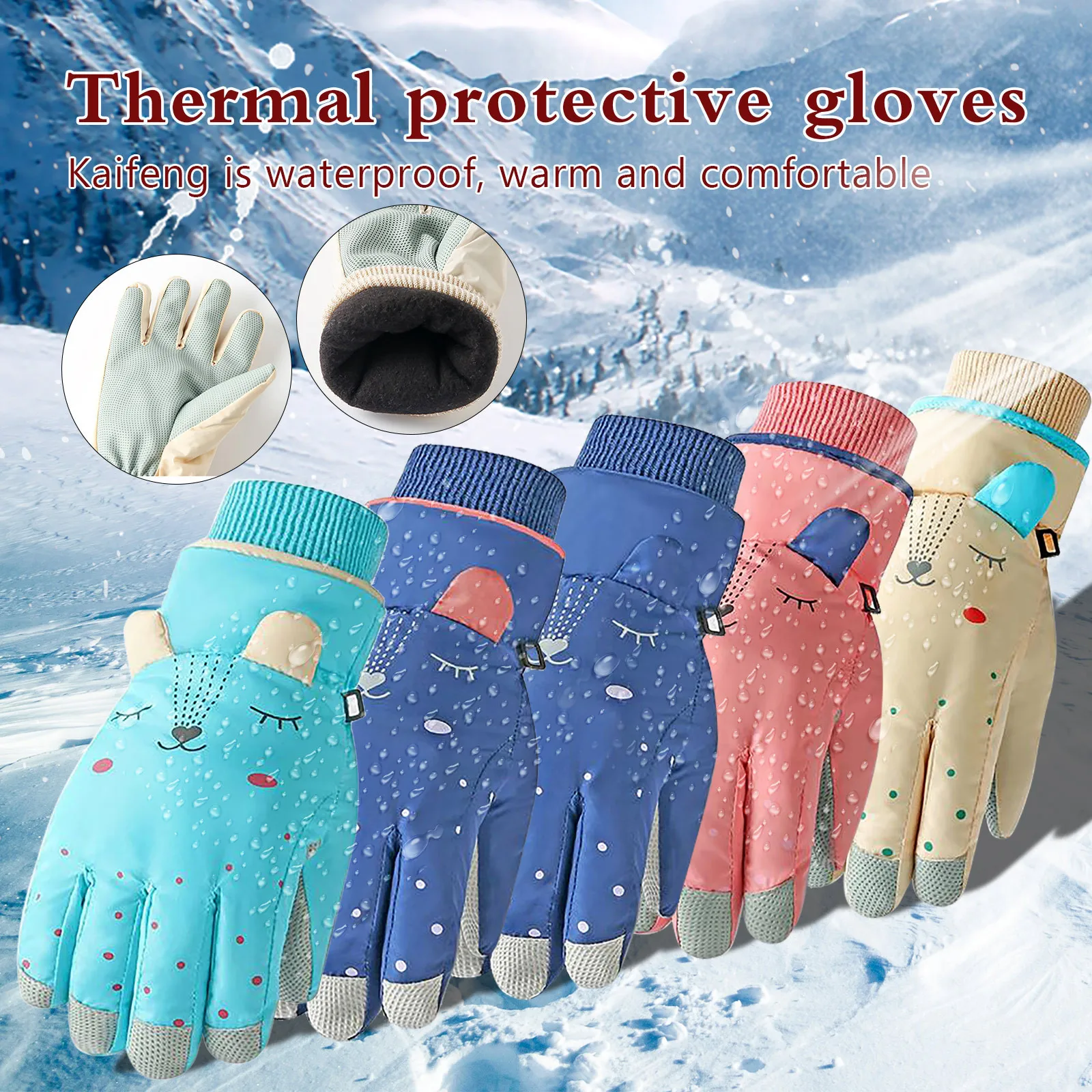 

Winter Children's Warm Snow Gloves Cute Cartoon Ear Windproof Sports Skiing Gloves Kids Thick All Full Finger Outdoor Gloves