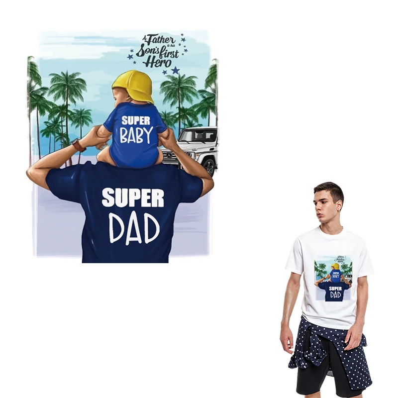 

Russian Father Patches For Clothing DIY T-Shirt Stickers Iron On Heat Transfer Super Dad&Son Thermal Sticker On Clothes Patch