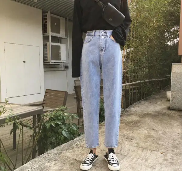 

Vintage High Stretch Waist Elastic band Jeans Pant for Women Streetwear Loose Female Denim Jeans Buttons Zipper Ladies 2021