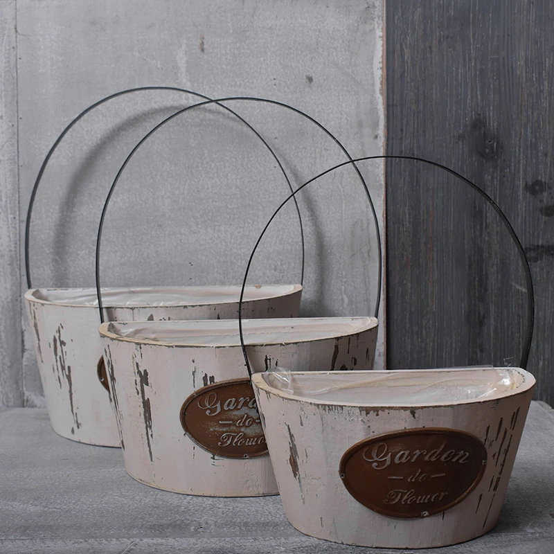 

shabby chic vintage white wooden half round flower pots with lining