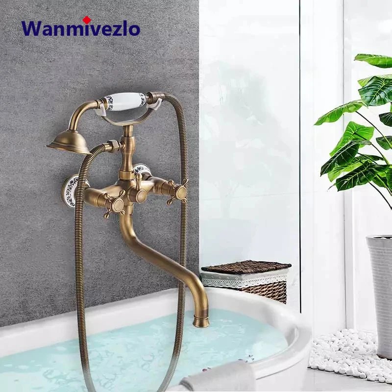 Description Picture 3 of itemAntique Brass Bathtub Shower Faucets Set Dual Knobs Mixer Tap Wall Mounted Bath Shower Set Swivel Tub Long Spout Bath Shower